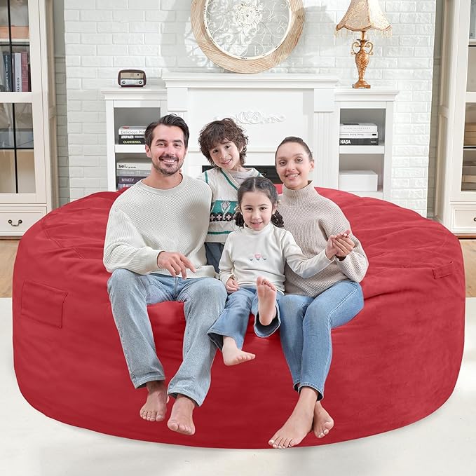 6FT Bean Bag Chair, Large Bean Bag Chairs with Memory Foam Filled, Fluffy Beanbag Sofa with Dutch Velvet Cover, Round BeanBag Chairs for Living Room, Playroom - Red