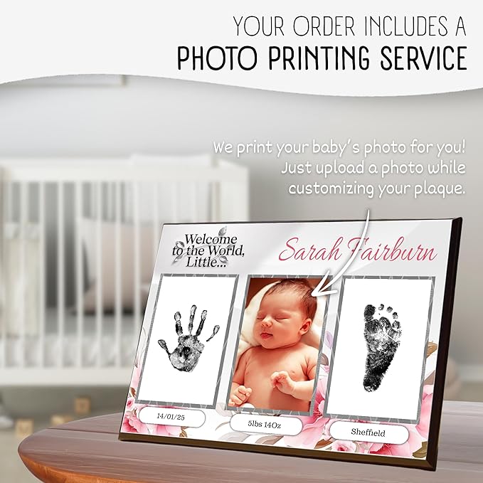 Baby Hand and Footprint Kit with Photo & Birth Details, Inkless Hand and Footprint Kit, Newborn Keepsake Plaque, Baby Shower Gifts (STYLE 1 (Fully Personalized) (Welcome To The World - Baby Girl))