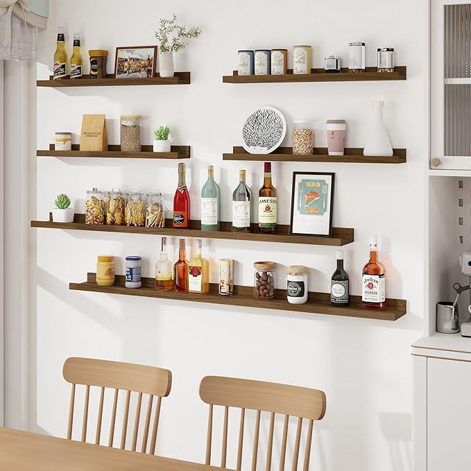 Axeman Picture Ledge Shelf, Floating Shelves for Wall Decor Storage Set of 6, 55 inch Floating Wall Mounted Shelves, Wall Shelves with Lip for Living Room, Bedroom, Nursery, Bathroom, Kitchen, Walnut