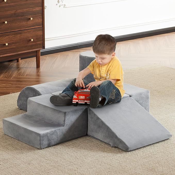 jela Foam Blocks 6Pcs Soft Play Equipment Soft Velvet, Toddler Climbing Toys Indoor Soft Play Climbing for Toddlers, Lightweight Climbing Blocks for Babies, Kids, Climb and Crawl Foam Playset