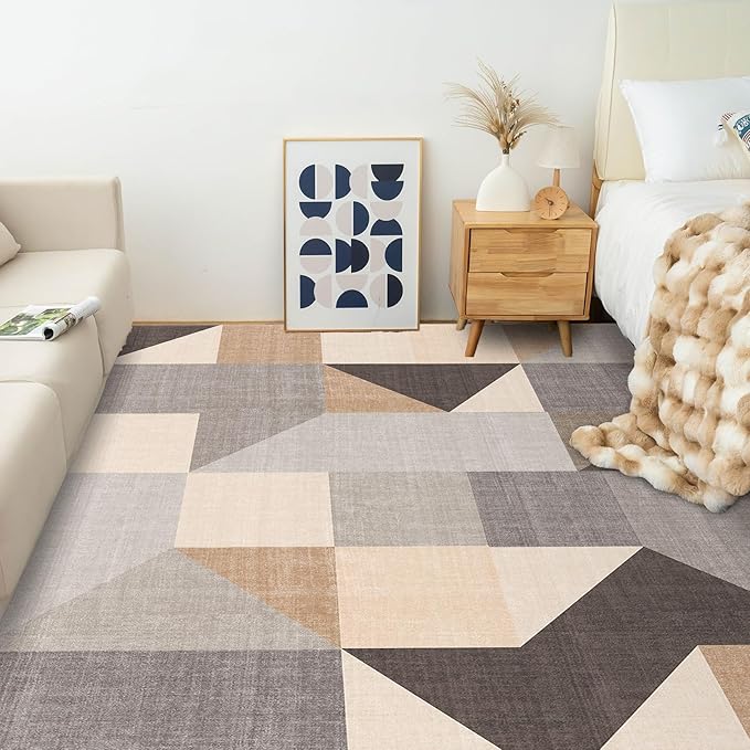 HOMFINE Washable Modern Area Rug - Geometric Style 6x9 Rugs for Living Room, Bedroom, Machine Washable Rug Soft Non Slip Non Shedding Area Rug - Grey Brown, 6'x9'
