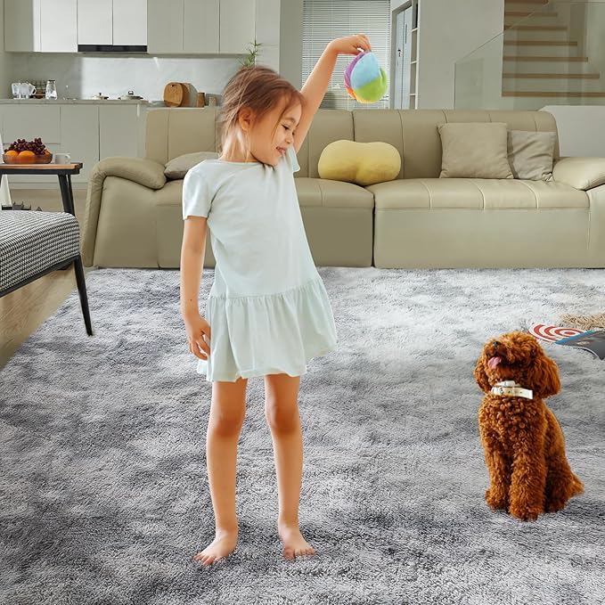 5X8 Ultra Soft Rug for Living Room, 5X8 Fluffy Shag Area Rug for Bedroom, Modern Shaggy Carpets Fuzzy Rug for Teens Dorm Nursery Home Decor Aesthetic, Upgrade Anti-Skid Durable, Tie-Dyed Light Grey