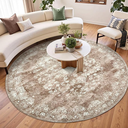 jinchan Round Rug 8ft Area Rug - Brown Vintage Floor Mat Kitchen Indoor - Washable Circle 8' Thin Floral Print Carpet Retro Farmhouse Non Slip Dining Room Living Room Bedroom Office
