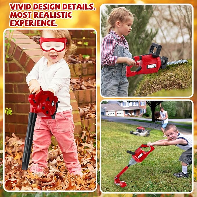 3 Pcs Toy Gardening Tool Set for Kids Toy Leaf Blower Weed Trimmer Hedge Trimmer Pretend Play Set with Lights and Sounds Birthday for Boys Girls