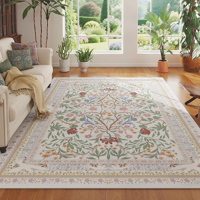 5x7 Washable Rug Vintage Floral Botanical Area Rug Non Slip Low Pile Large Rugs for Living Room, Bedroom, Farmhouse, Dining Room, Kids Playroom, Beige