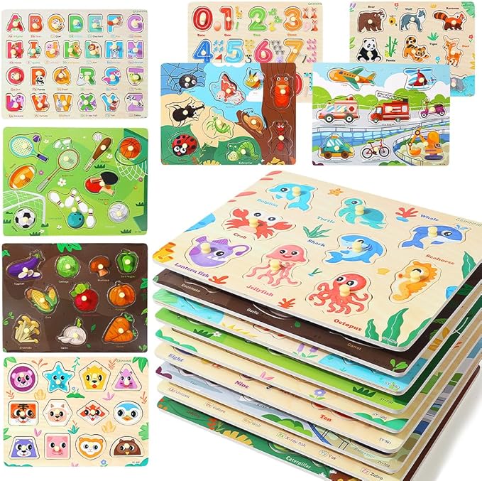 GRINNNIE 9 Pack Montessori Toddler Puzzle for 3 4 5 Years Old, Wooden Learning Puzzle for Toddlers 3-5, Animal, Alphabet, Number, Shape Peg Puzzles Set, Great Birthday for Boys Girls