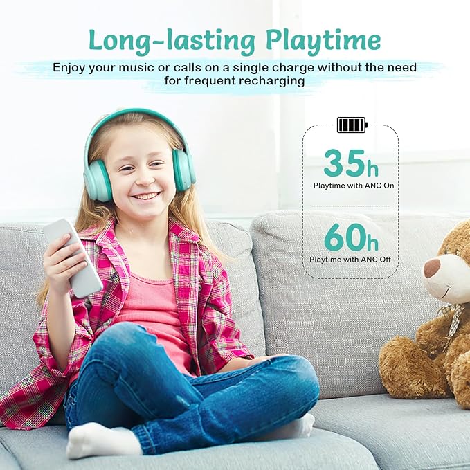Active Noise Cancelling Headphones for Kids, 60H Playtime, Wireless Bluetooth Over-Ear Headset Built-in Microphone for Home/School/Travel/Party - Includes Portable Case