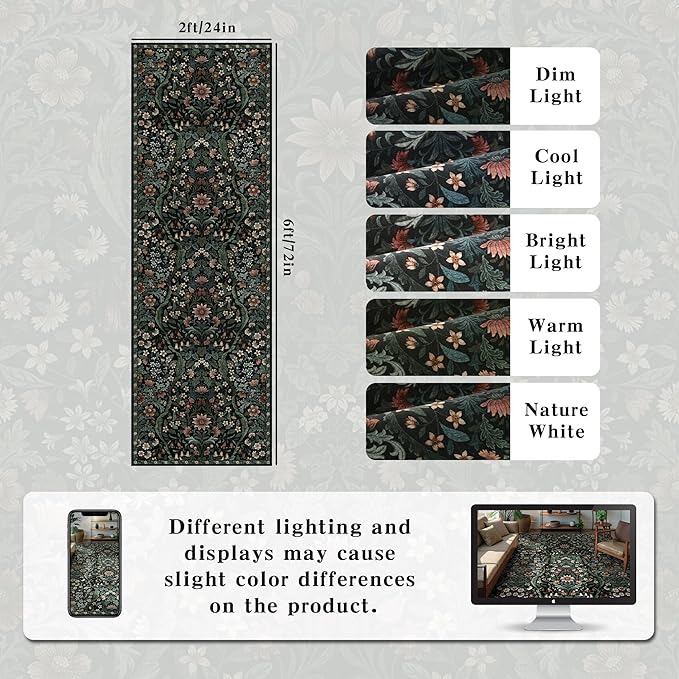 2x6 Washable Runner Rug,Black Floral Boho Area Rug for Hallway,Low-Pile Non-Slip Stain Resistant Carpet for Kitchen, Bedside,Laundry Room,Entryway