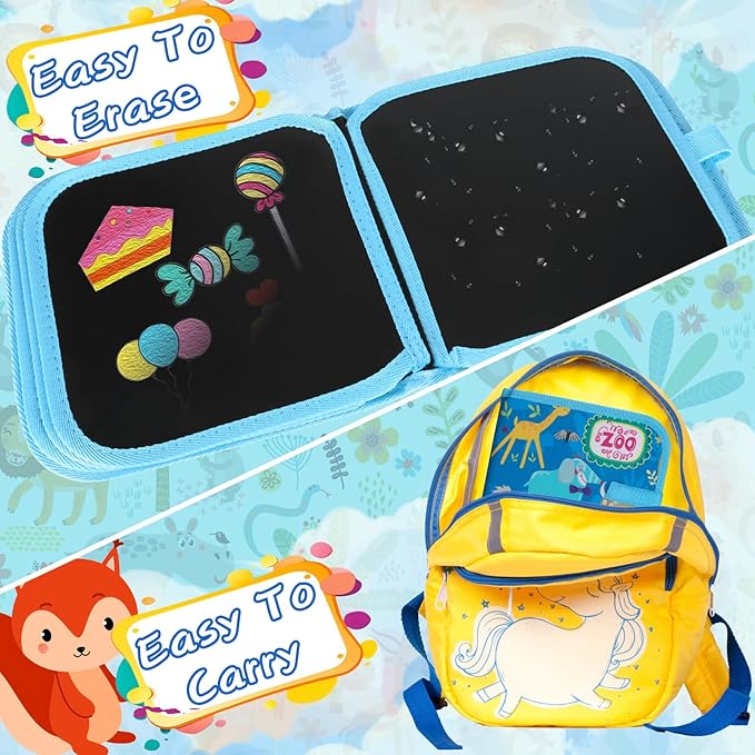 Erasable Doodle Set for Kids - Reusable Magic Drawing Book with 12 Watercolor Pens 14 Page Drawing, Road Trip Car Game Writing Painting Set for Boys and Girls (Zoo Blue)