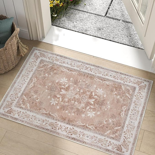 jinchan Floral 2x3 Rugs for Entryway - Vintage Washable Area Rug Ultra-Thin Low Pile Soft Small Non Slip Distressed Indoor Door mat Accent for Entrance Kitchen Bedroom (2x3ft,Coral Pink)