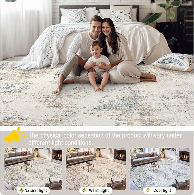 Area Rugs 9x12 Living Room - Washable Rug Modern Abstract Soft Large Neutral Non-Slip Carpet Indoor Floor Stain Resistant Thin Carpets for Bedroom Dining Room Farmhouse Nursery Home Office Multi