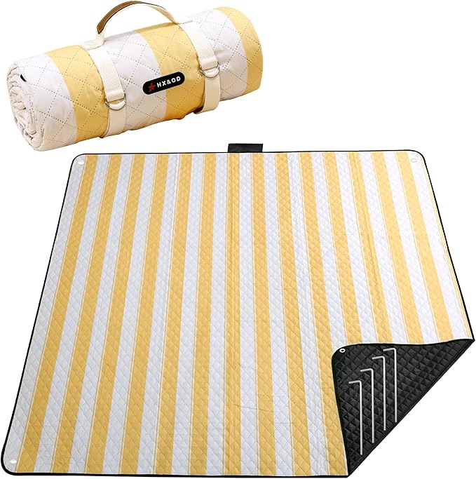 HX&OD Outdoor Picnic Blanket Extra Large, 80''*80'' Waterproof Picnic Mat with Stakes Foldable Camping Blanket Portable with Carry Strap for Beach Mat (Yellow& White, 80''*80'')