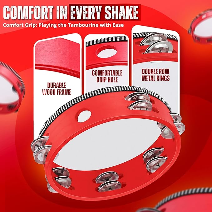 Flexzion Wood Handheld Tambourine Adults 8-Inch Double Row 8-Pair Jingles (Red) - Percussion Round Tamborines Musical Instrument with Metal Zills