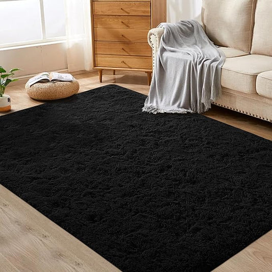 4x6 Area Rug for Living Room: Fluffy Shag Soft Washable Rugs Fuzzy Plush Indoor Carpet for Bedroom Nursery Playroom Dorm Kids Girls Boys Room (Black, 4'x6')