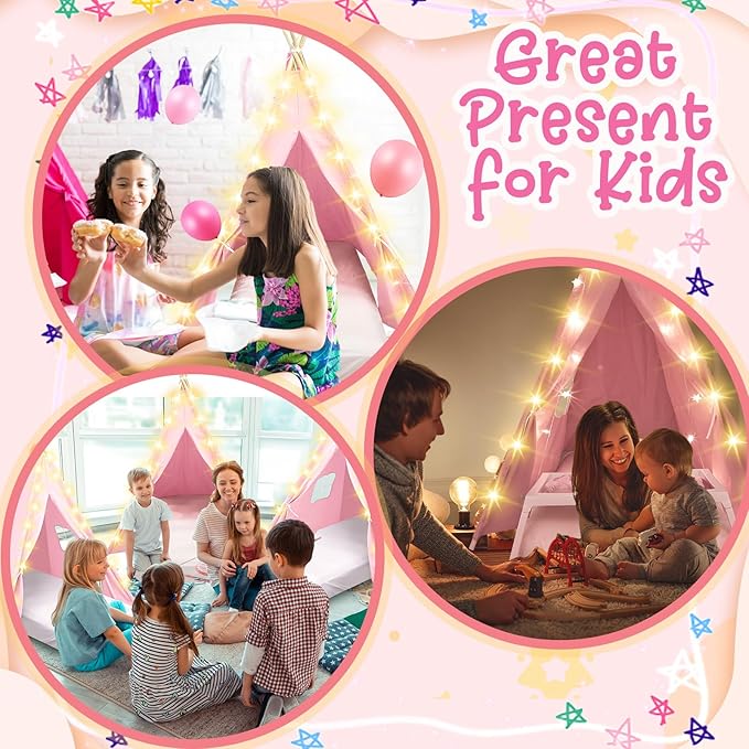 6 Pack Sleepovers Teepee Tent for Kids Bulk with Mattress Sheet Light,Natural Cotton Washable Indoor Play Tent for Birthday Slumber Party Girls Boys Pajama Movie Night Supplies(Light Pink)
