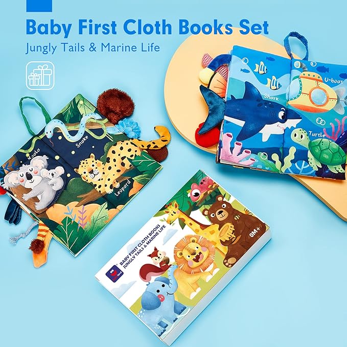hahaland Baby Toys 0-6 Months - Crinkle Books for Babies 2PCS, Cloth Texture Tails Sensory Book 6-12 Months - Soft, Tummy Time, Montessori Toys 3 4 5 Month Newborn Twin Boys Gifts Travel Infant Toy