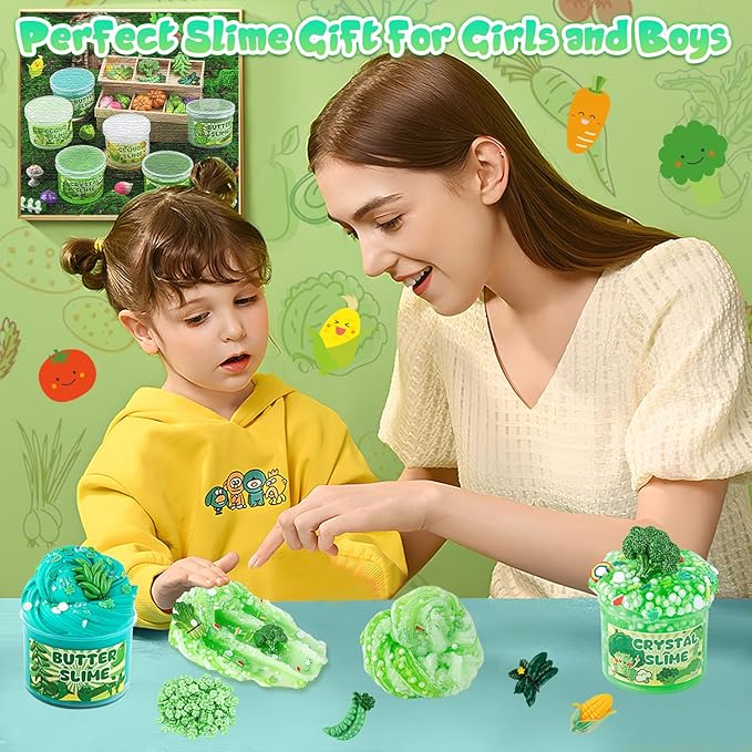 6 Packs Gradient Green Slime Kit - Cloud Butter Clear Slime, Crunchy Slimes for Kids with Various Slime Add-ins, Non Sticky Slimes Party Favors for Girls and Boys