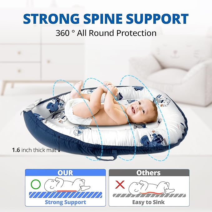 Baby Lounger - Baby Lounger for Newborn 0-24 Months, Breathable, Soft Cotton Baby Nest, Portable Infant Lounger for Home & Travel, Newborn Essentials Gift (Blue Elephant)