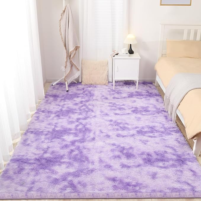 Area Rugs 8x10, Fluffy Rugs for Living Room, Ultra Soft Rugs for Bedroom, Non-Slip Indoor Carpet for Nursery, Kids Room, Playroom, Home Decor, Tie-Dyed Purple