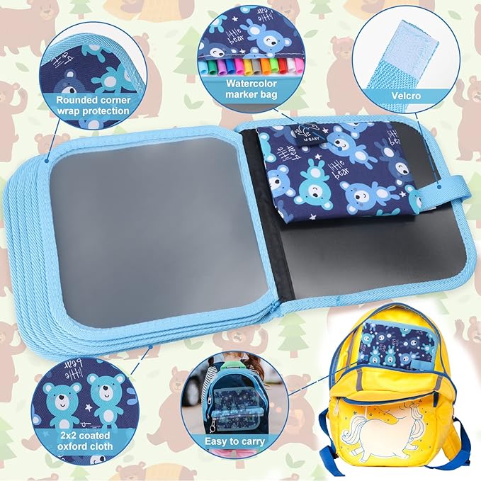 Erasable Doodle Set for Kids - Reusable Magic Drawing Book with 12 Watercolor Pens 14 Page Drawing, Road Trip Car Game Writing Painting Set for Boys and Girls (Bear)