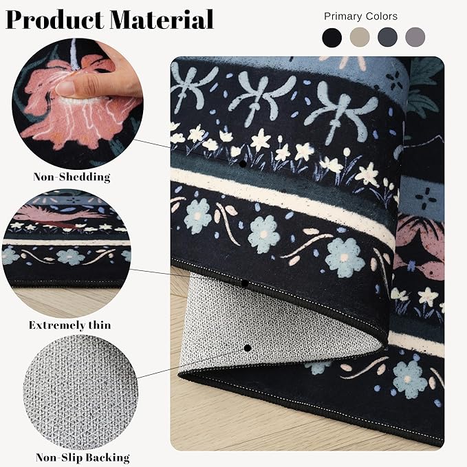 Area Rug 4x6 Rug Washable Vintage Floral Botanical Rugs Non Slip Low Pile Small Carpet for Bedroom, Bedside, Kids Room, Office, Dining Room, Black