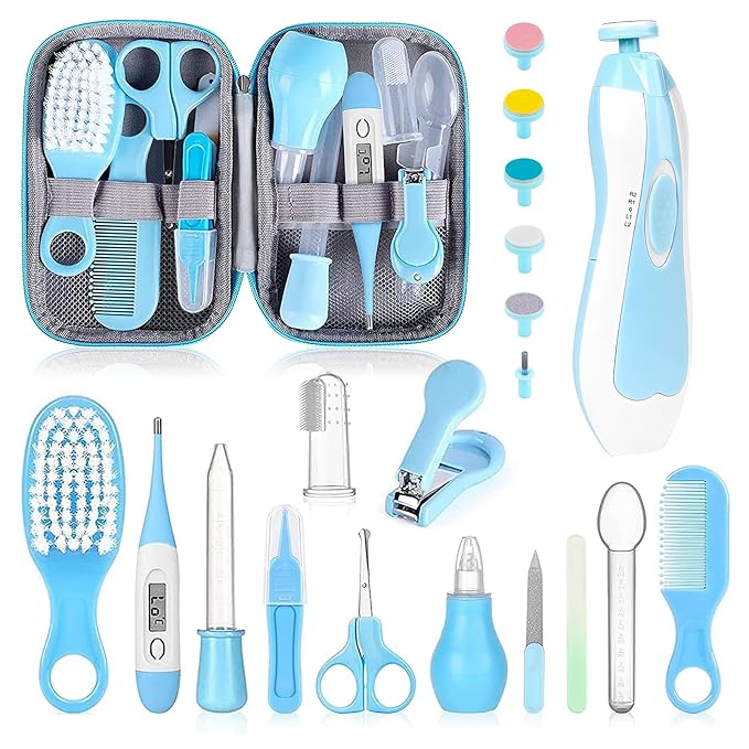 Baby Grooming Kit, Infant Safety Care Set with Hair Brush Comb Nail Clipper Nasal Aspirator,Baby Essentials Kit for Newborn Girls Boys (Blue-20 in 1)
