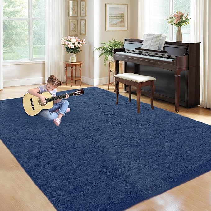 5x7 Area Rug for Living Room: Fluffy Shag Soft Washable Rugs Fuzzy Plush Indoor Carpet for Bedroom Nursery Playroom Dorm Kids Girls Boys Room (Navy Blue, 5'x7')