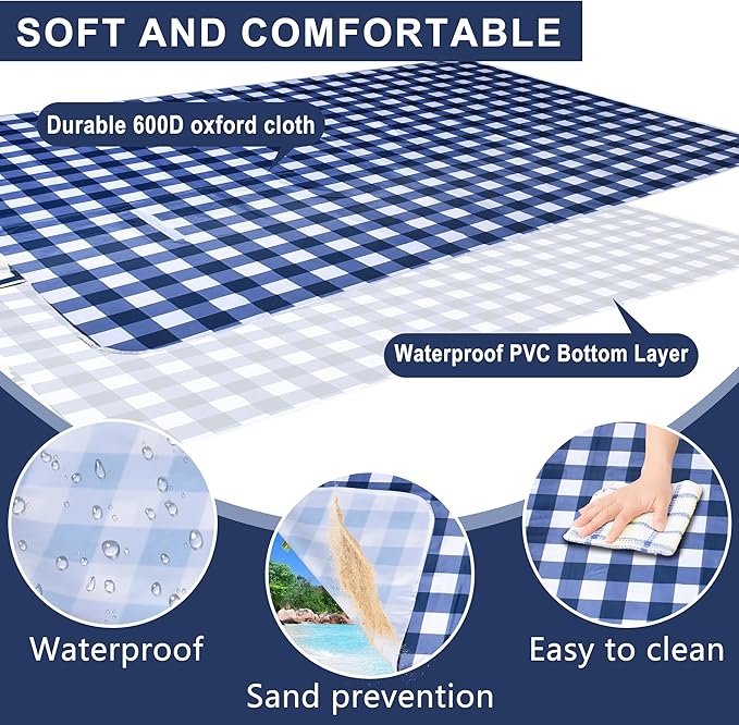 80"x60" Waterproof Sandproof Picnic Mat - Portable Foldable Outdoor Blanket for Beach, Park, Travel & Indoor Use - Lightweight Compact Design, Easy-Carry (Blue&White)