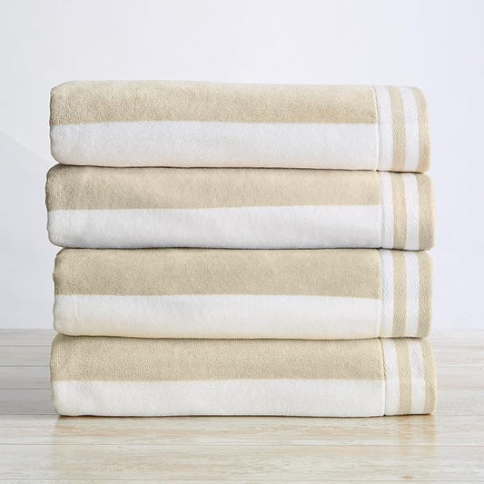 Great Bay Home 100% Cotton Velour 4 Pack Beach Towels 30" x 60" - Taupe Cabana Stripe Pool Towels - Quick Dry, Large Swim Towels