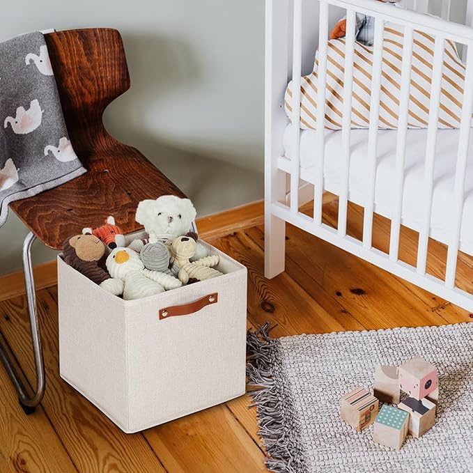 HNZIGE Large Storage Baskets Set of 4 Collapsible Storage Baskets,13x13 Storage Cube Bins with Handles,Foldable Storage Cube Bins for Shelves(cream)