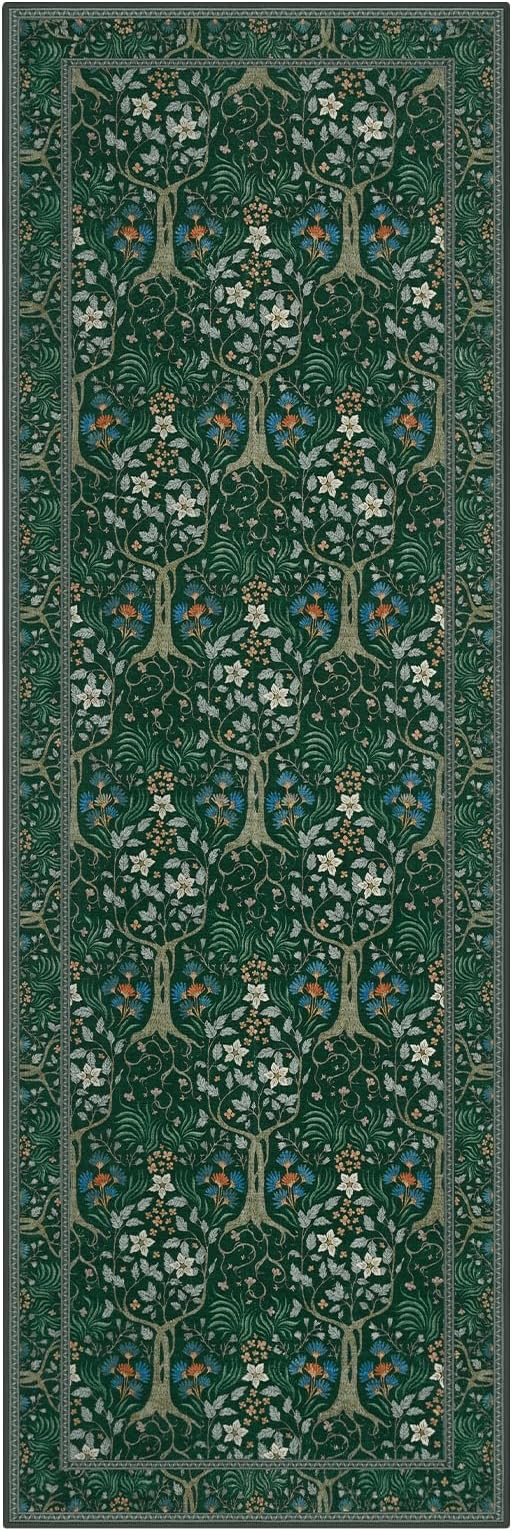 Joydeco Washable Runner Rug Non Slip, Floral Kitchen Carpet Runner 2x6, Soft Low-Pile Botanical Forest Indoor Floor Door Mat for Hallway Bathroom Entryway Laundry Room, Dark Green