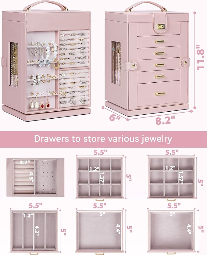 AKOZLIN 360° Rotating Jewelry Box 6-Tier Organizer Functional Jewelry Storage Case for Women Girls Ring Necklace Earring Bracelet Holder with Mirror Pink