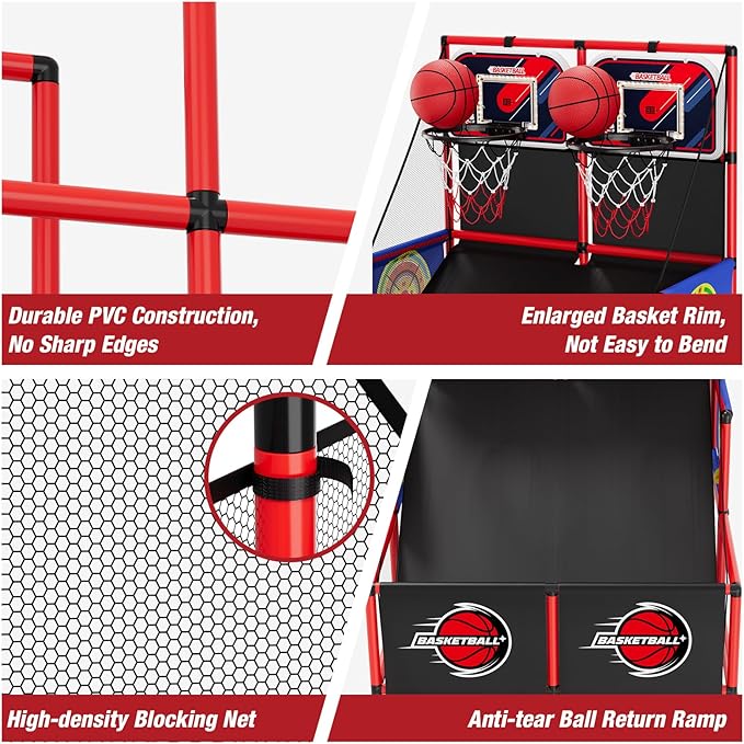 2 in 1 Dual Shot Basketball Arcade Game with 2 Dart Boards/Electronic Scoreboard/LED Light, Kids Basketball Hoop for Home Indoor Outdoor, Sport Toys Gifts for Boys Girls