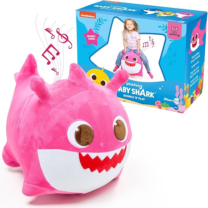 JITTERYGIT Baby Shark Bouncy Hopper - Musical Plush Toy for Kids and Toddlers - Mommy Shark (Pink)