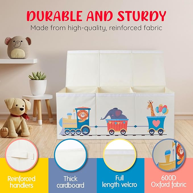 Extra Large Collapsible Sturdy Toy Storage Organizer with Lids, Animal Train Toy Box for Boys Girls, 40"x16"x16", Modern, Beige