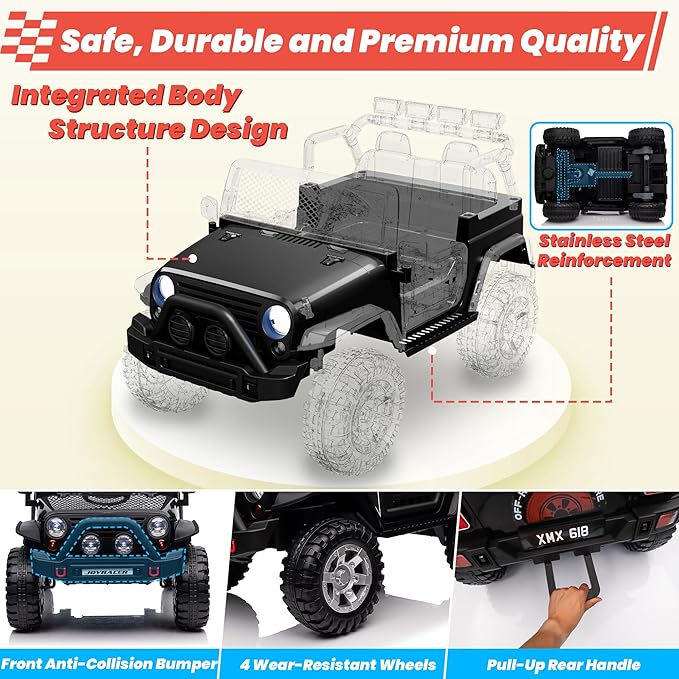 24V 4WD Ride on Truck Car w/800W Motors, Gift Flower, Remote Control, 2 Seaters, Light Bar, 3 Speeds, Pop Music, Power Four Wheels, 24 Volt Ride on Toy Car for Big Kids, Black