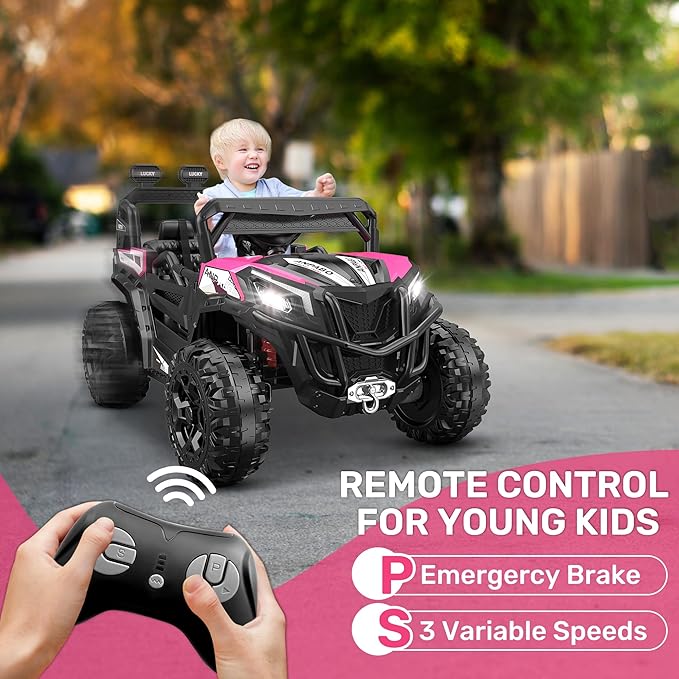 ANPABO 24V 4X4 Ride on Car Truck w/Remote Control, 4WD/2WD Switchable Kids UTV, 19" Spacious Seat, 4 Shock Absorbers, Soft Start, Music Player, Electric Car for Kids Ages 3+(Pink)