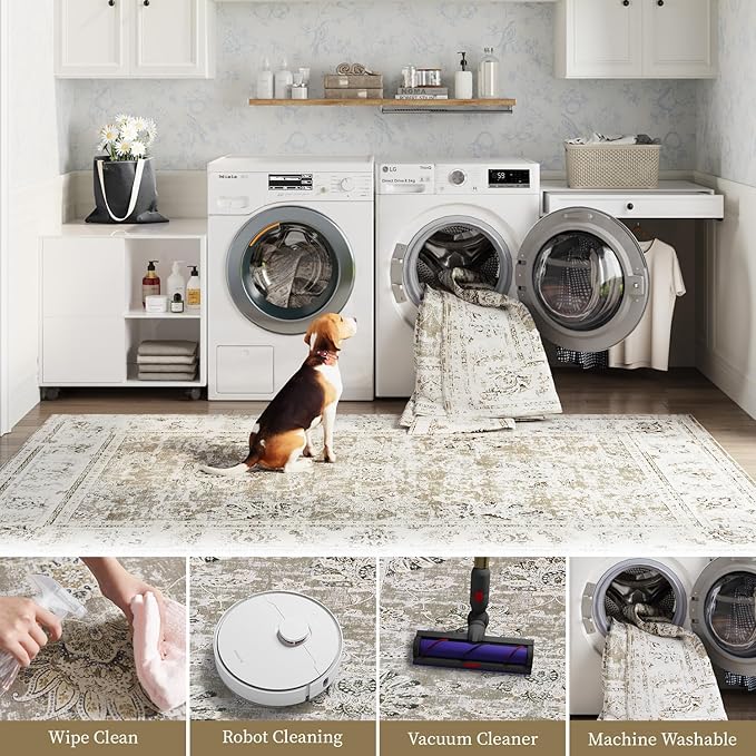 jinchan Runner Rug 3x8-2pcs Kitchen Washable Vintage Hallway Rug Floral Print Floor Cover Indoor Thin Retro Mat Accent for Bathroom Laundry Room Bedroom Office Farmhouse (Double,Taupe)