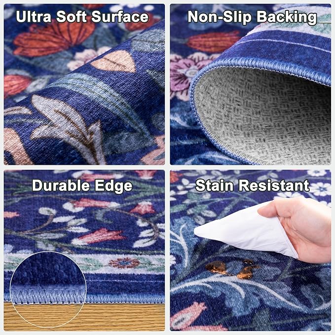 Entryway Rug 2X3 Small Rugs: Floral Washable Door Mat Vintage Soft Low Pile Non-Slip Kitchen Rugs Stain Resistant Indoor Throw Rug for Entrance, Bedroom, Kitchen, Laundry, Bathroom Blue