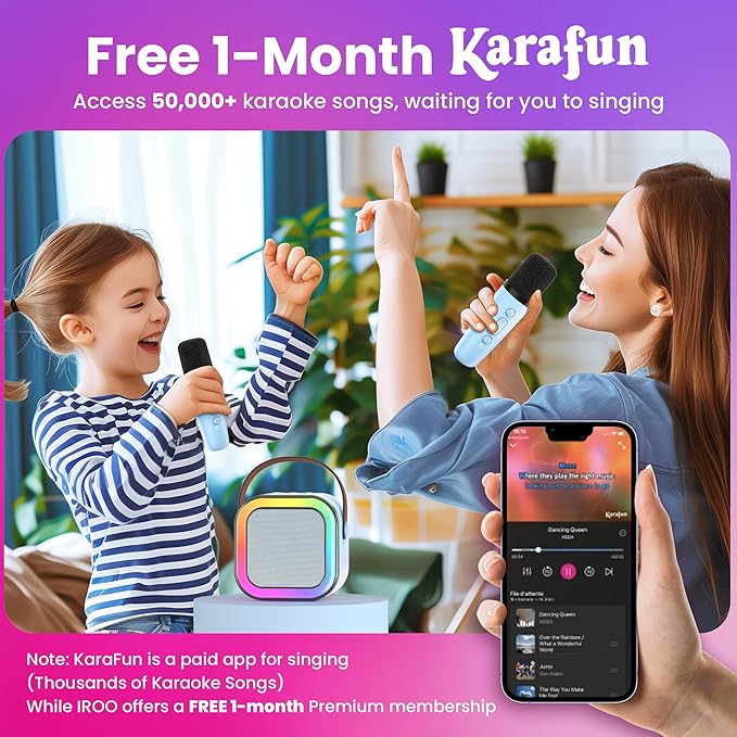 IROO Mini Karaoke Machine for Kids, 2025 TOP Toys Birthday Gifts Ideas for Girls Ages 4, 5, 6, 7, 8, 9, 10, 12+ Years Old, Portable MP3 Player with 2 Wireless Mics for Party