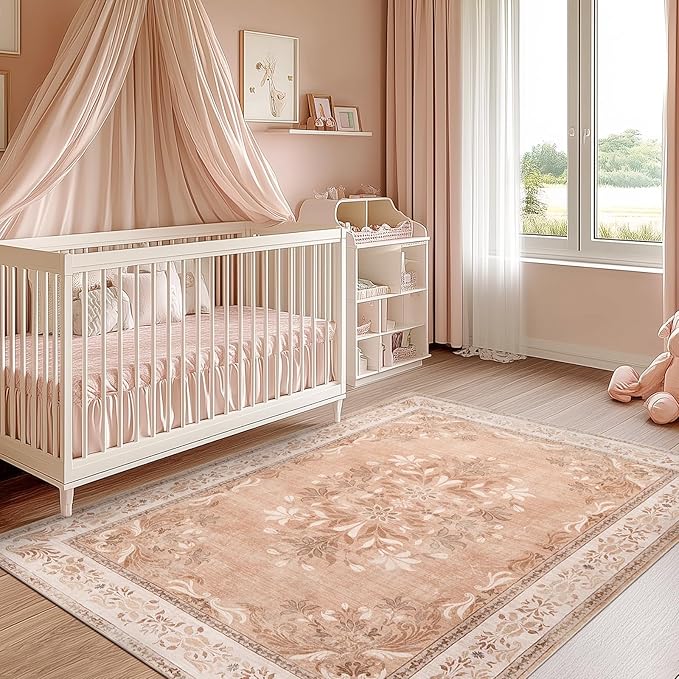 jinchan Vintage Floral 3x5 Area Rugs for Entryway - Machine Washable Distressed Design Ultra-Thin Low-Pile Soft Non-Shedding Carpet for Kitchen Bedroom Entrance Laundry Living Room (3x5ft,Coral Pink)