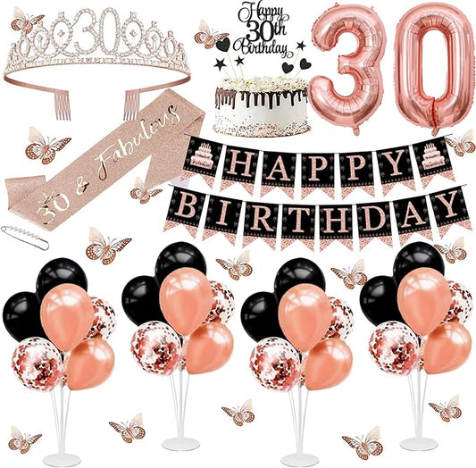30th Birthday Decorations for Women - 56pcs Rose Gold Happy 30th Banner, 30th Birthday Crown Sash, Cake Topper, Number 30 balloons, 3D Butterflies, 4 Balloon Stands kits