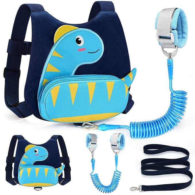 Accmor Toddler Harness with Leash, Cute Dinosaur Kids Leashes + Anti Lost Wrist Link, Children Walking Harnesses Tether Restraint Belt, Keep Child Close Hand Strap for Baby Boys Girls Outdoor Travel