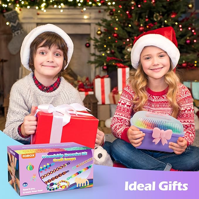 IQBOX Bracelet Making Kit Arts and Crafts for Girls Ages 8-12, Weaving Loom Rainbow Bands DIY Toys Birthday Gifts for Kids 6 7 9 10 11 13 Year Old, 1000+ Elastic Cloth Rubber Band Fabric Loops
