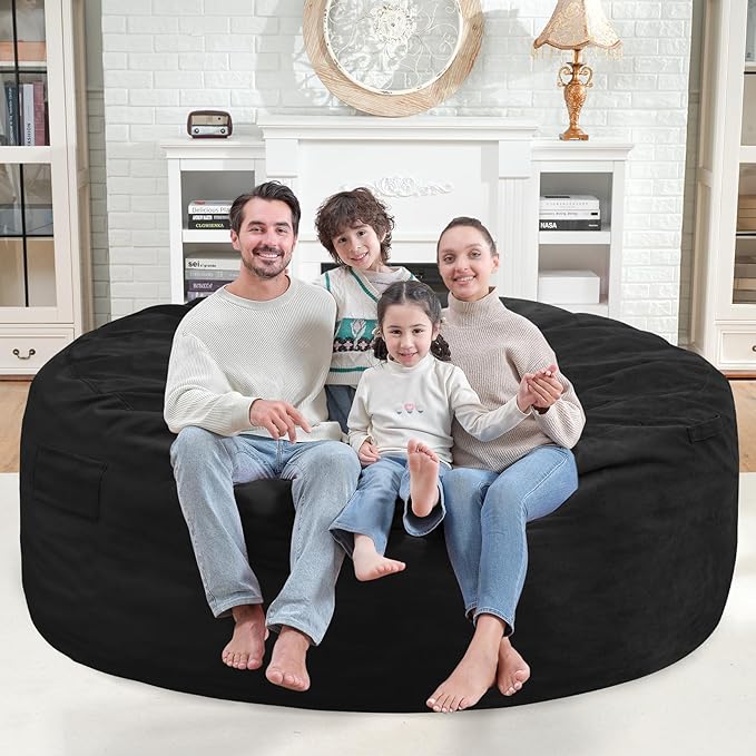 6FT Bean Bag Chair, Large Bean Bag Chairs with Memory Foam Filled, Fluffy Beanbag Sofa with Dutch Velvet Cover, Round BeanBag Chairs for Living Room, Playroom - Black
