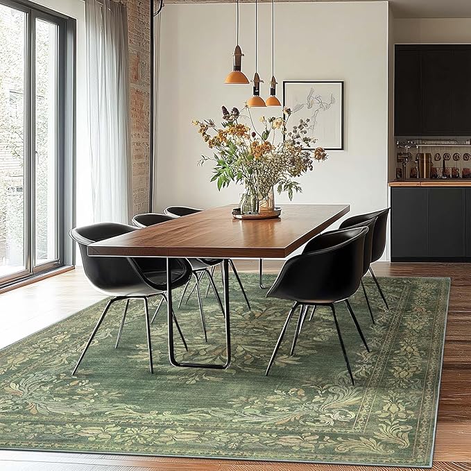 jinchan Green Floral 8x10 Area Rugs for Living Room - Machine Washable Vintage Distressed Design Soft Throw Rug Non-Slip Large Carpet for Bedroom Nursery Dining Room Home Office (8x10ft,Dark Green)