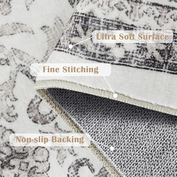 jinchan Runner Rug 2x6 - Machine Washable Beige Vintage Floral Distressed Design Soft Non-Slip Low-Pile Ultra-Thin Runner Rug for Kitchen Hallway Laundry Room Entryway Farmhouse (2‘x6',Beige)