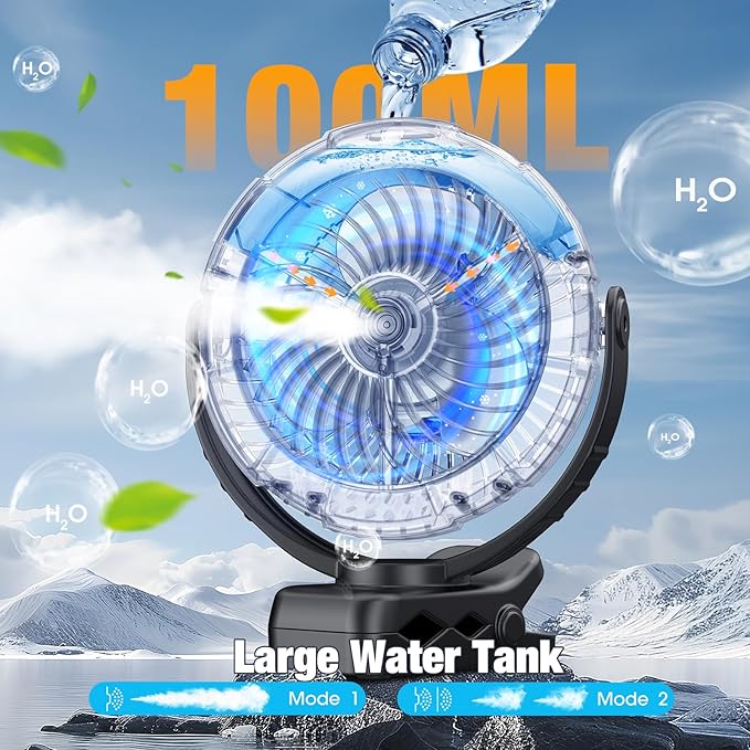 Ausic Portable Misting Clip on Fan, 100ml Camping Stroller Fan with LED, Max 45H Working Time Golf Cart Fans, 360° Rotate Cooling Spray, Outdoor Rechargeable Battery Fans for Travel/Home/Beach
