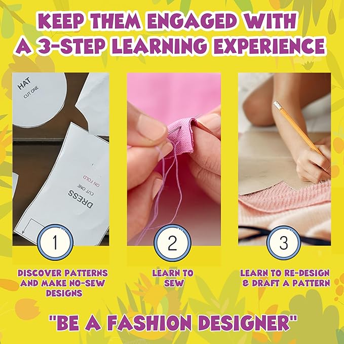 Fashion Designer Kits for Girls Ages 8+ Beginners Learn About Patterns, Draft & Re-Design Patterns, Sew & Be A Fashion Designer for The 8.5 in. Wood Mannequin. Sewing Kits for Kids 8-12