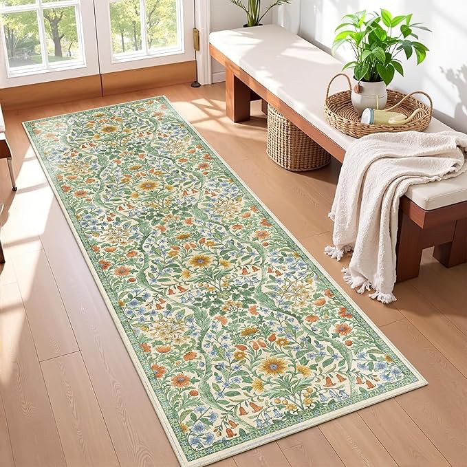 2x6 Washable Runner Rug,Grass Green Floral Boho Area Rug for Hallway,Low-Pile Non-Slip Stain Resistant Carpet for Kitchen, Bedside,Laundry Room,Entryway